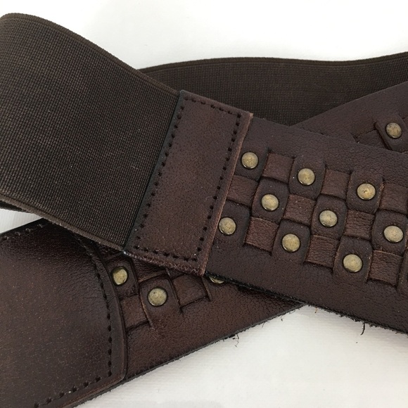 Wide Boho Woven Leather Stretchy Belt Brown with Brass Studs Women’s Size L/XL main image 7